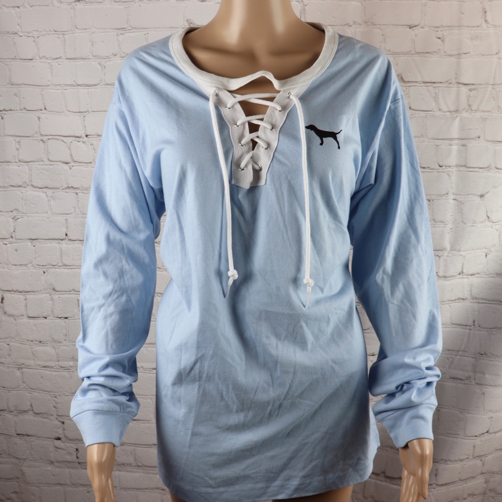 VS PINK Logo Long Sleeve lace up Campus Tee Shirt - Picture 2 of 7